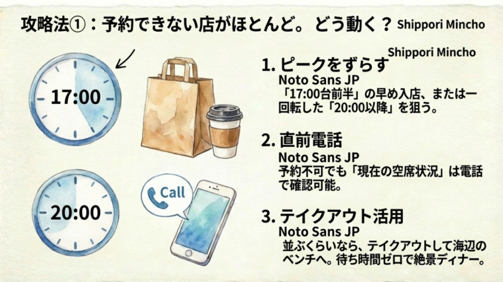 ウミカジテラスのディナー予約攻略法。混雑ピークを避ける時間帯とテイクアウトの活用術。