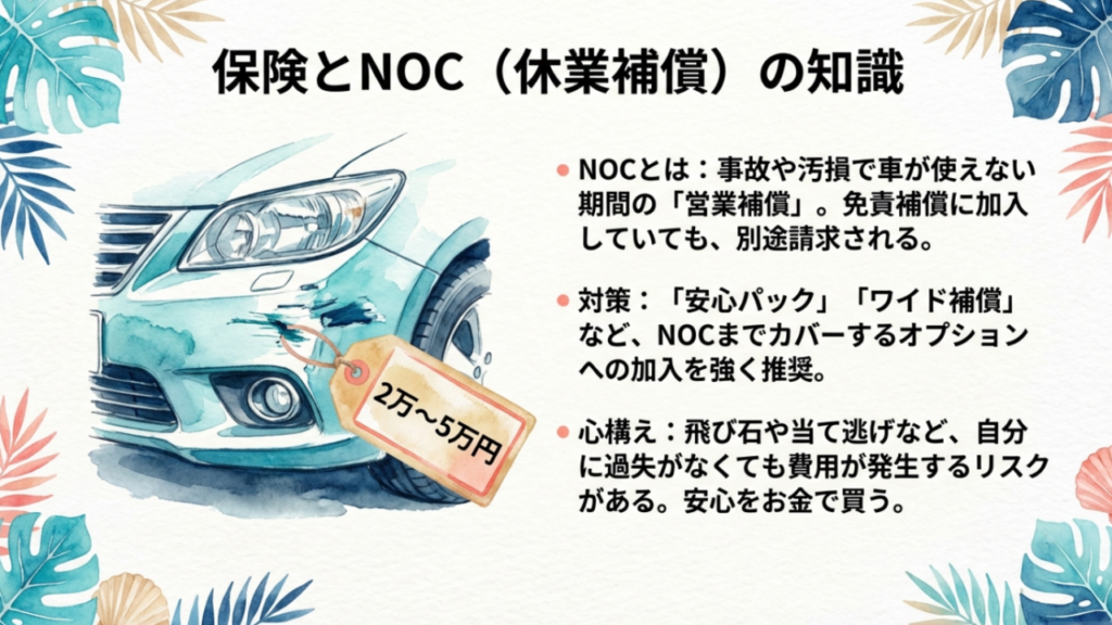 レンタカーの免責補償とは別に発生するNOC（ノンオペレーションチャージ）の仕組みと安心パックの重要性