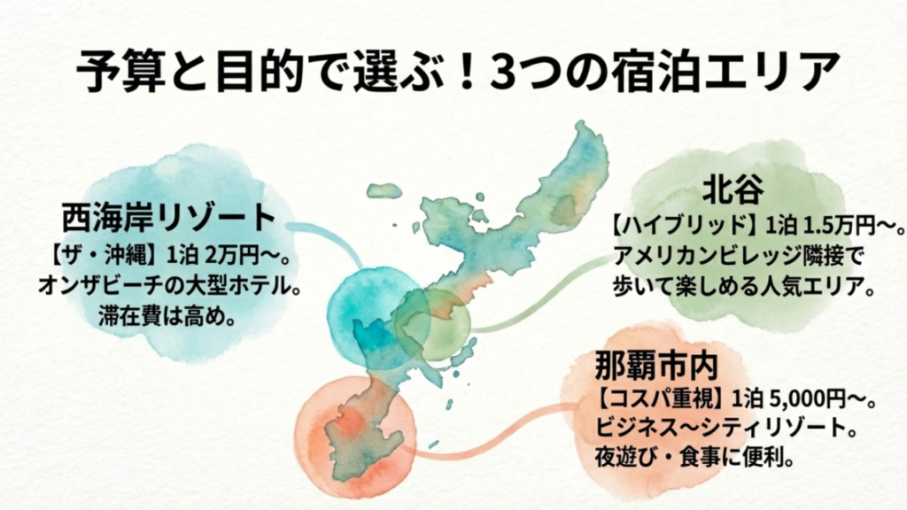 那覇市内、北谷エリア、西海岸リゾートエリアそれぞれの予算目安と特徴マップ