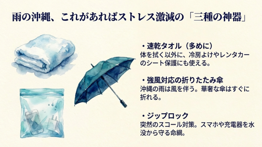 雨の沖縄旅行に必須の持ち物、速乾タオル・強風対応折りたたみ傘・ジップロック