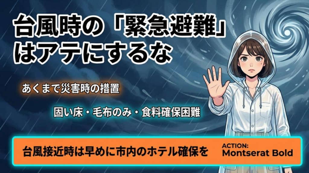 台風時の空港避難は危険。毛布や食料の確保が難しく、災害時の緊急措置であることを警告。