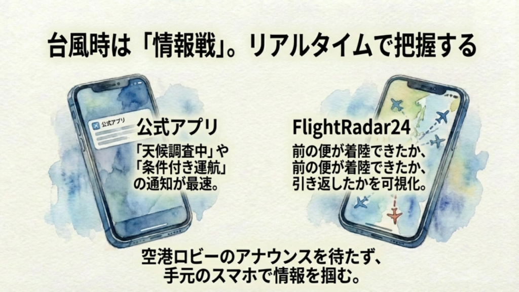 JAL/ANA公式アプリの通知機能やFlightRadar24を活用して、台風時の那覇空港のリアルタイム情報を得る方法。