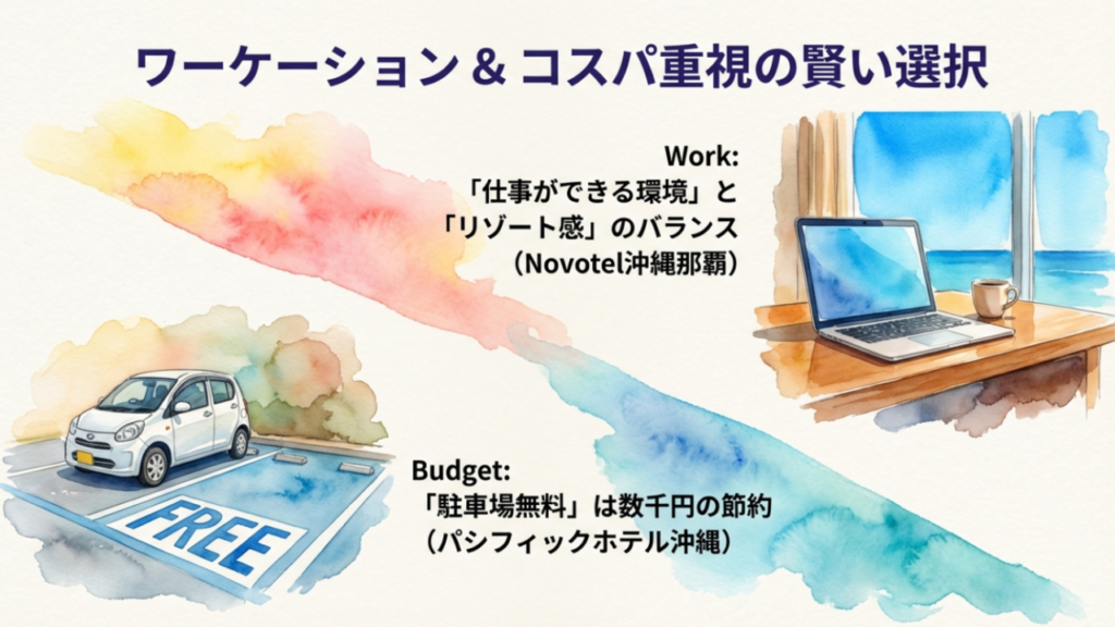 ワークスペースと無料駐車場の対比イメージ