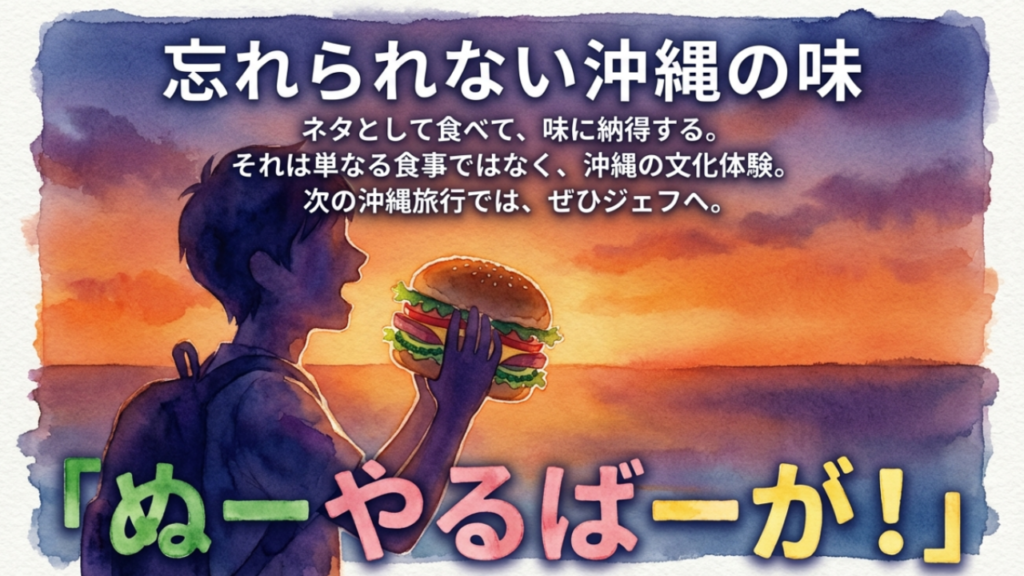 「ぬーやるばーが！」の文字と締めくくりのメッセージ。単なる食事ではなく沖縄の文化体験であり、次の旅行でジェフへ行くことを推奨している 。