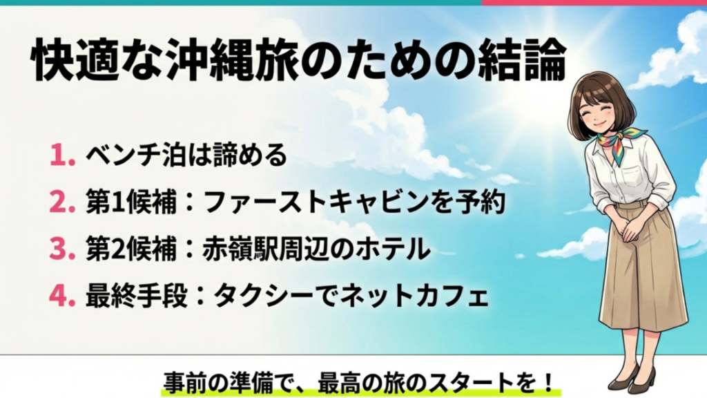 那覇空港の寝れる場所選びの結論まとめ。ベンチ泊は諦め、ファーストキャビンや赤嶺駅周辺のホテルを優先順位をつけて予約する。