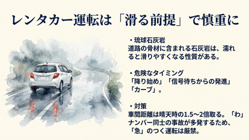 雨天時の沖縄でのレンタカー運転、琉球石灰岩によるスリップ事故防止と車間距離の注意点