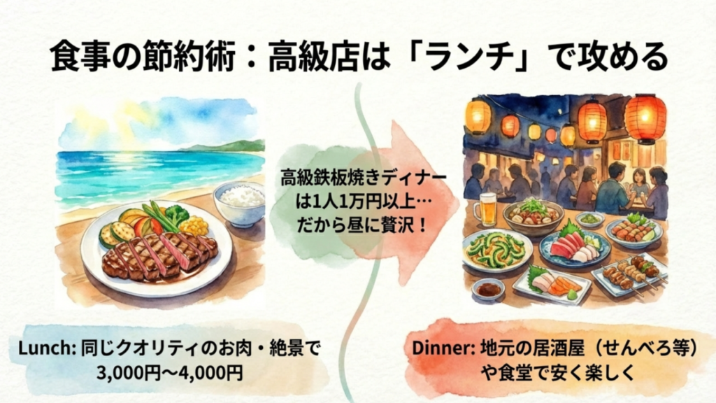 高級鉄板焼きなどはランチで利用し、夜は地元の居酒屋を利用する食事代の節約テクニック