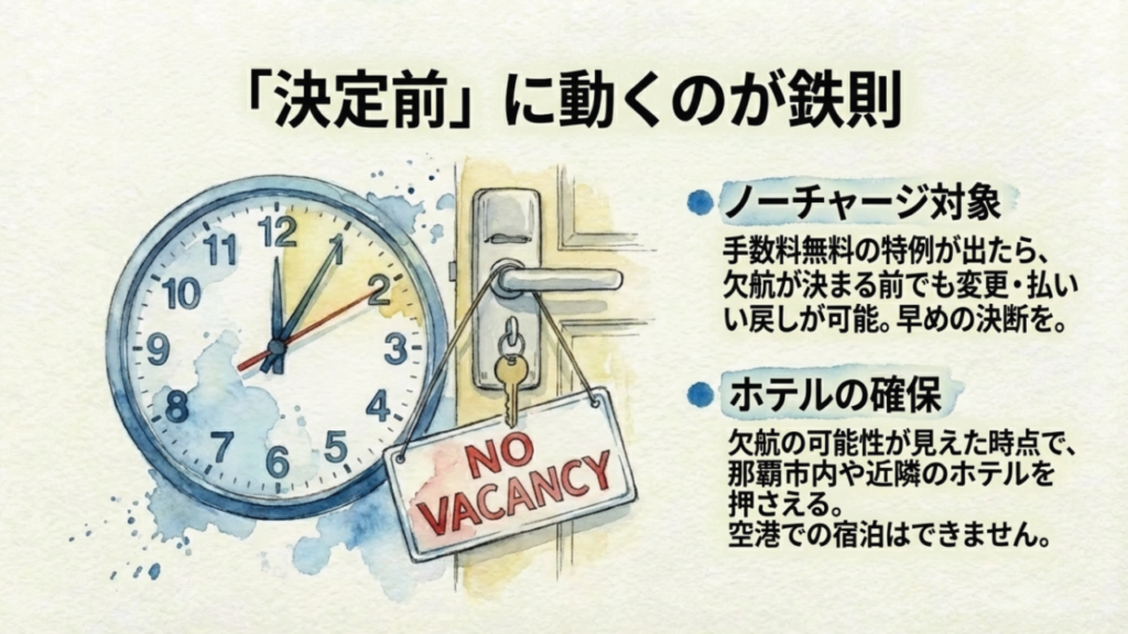 欠航決定前に手数料無料で払い戻しを行う「ノーチャージ対象便」の活用と、早めのホテル確保の重要性を説くイラスト。