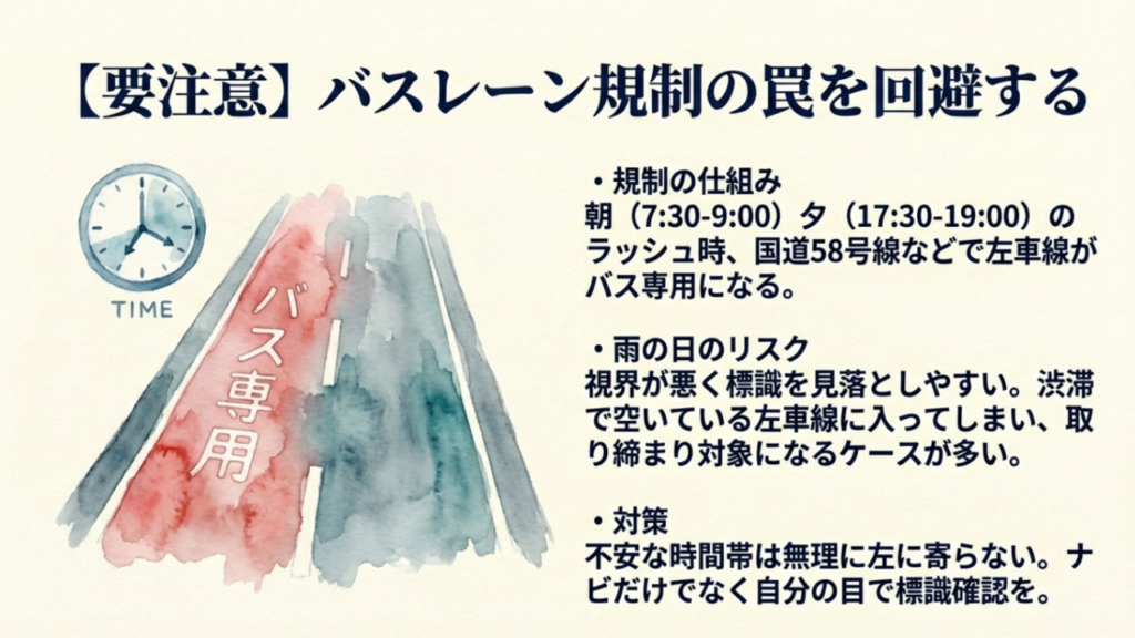 那覇市周辺のバスレーン規制時間帯（朝夕ラッシュ時）と雨天時の標識見落とし注意