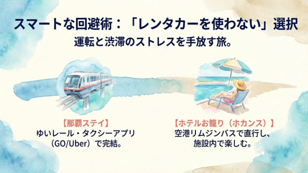 【2026年版】沖縄観光の問題点とは?現状の課題と失敗しない対策 14 レンタカーを使わない沖縄旅行の提案:那覇ステイとホテルお籠り