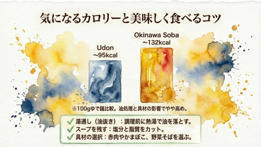 茹で麺100gあたりのカロリー比較（95kcal対132kcal）と湯通しによるカロリーオフのコツ