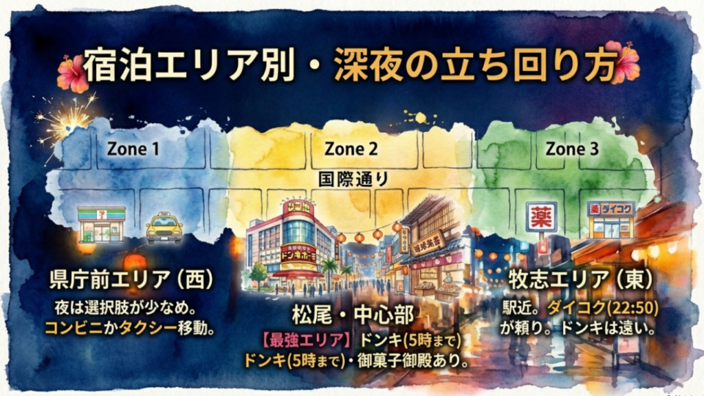 国際通りのエリア別深夜買い物マップ。県庁前、松尾、牧志エリアの特徴まとめ