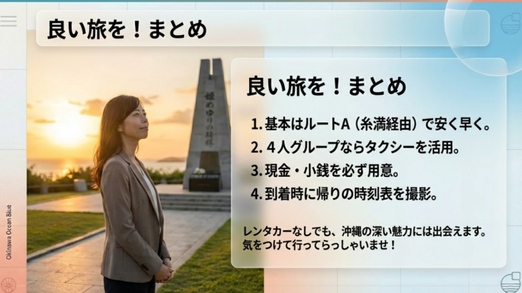 記事のまとめ：ルートA推奨、4人ならタクシー、現金用意、帰り時刻確認