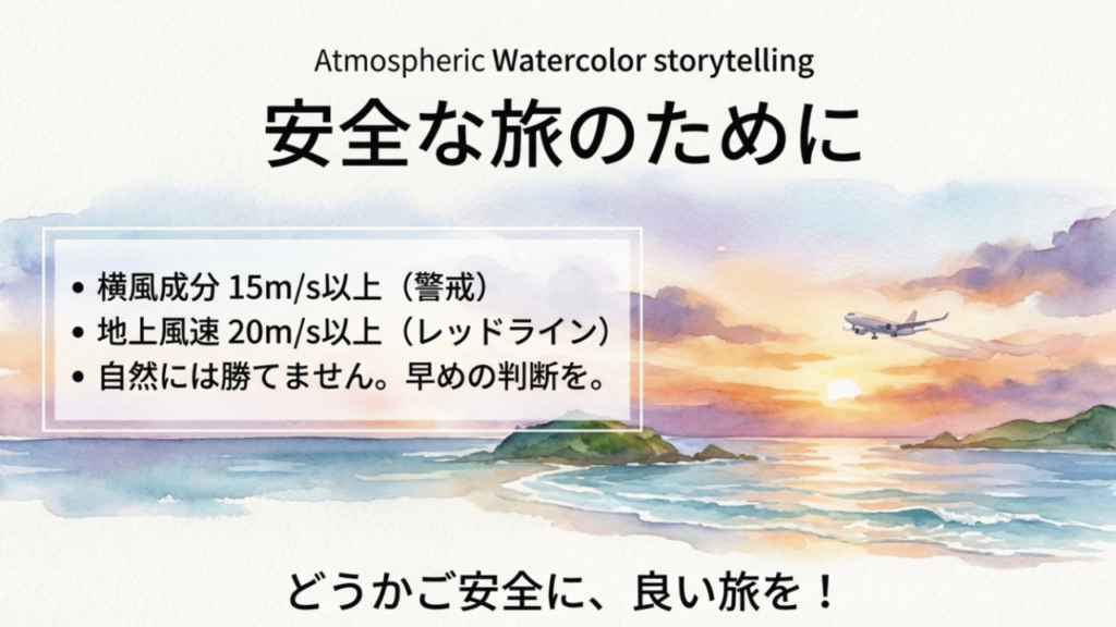 那覇空港の欠航基準となる風速と、安全な沖縄旅行のための心構えをまとめたメッセージイラスト。