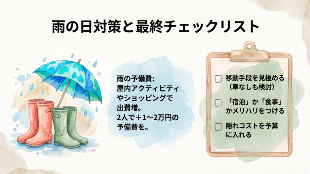 雨天時の屋内アクティビティやショッピングによる出費増に備え、1〜2万円の予備費を用意する提案