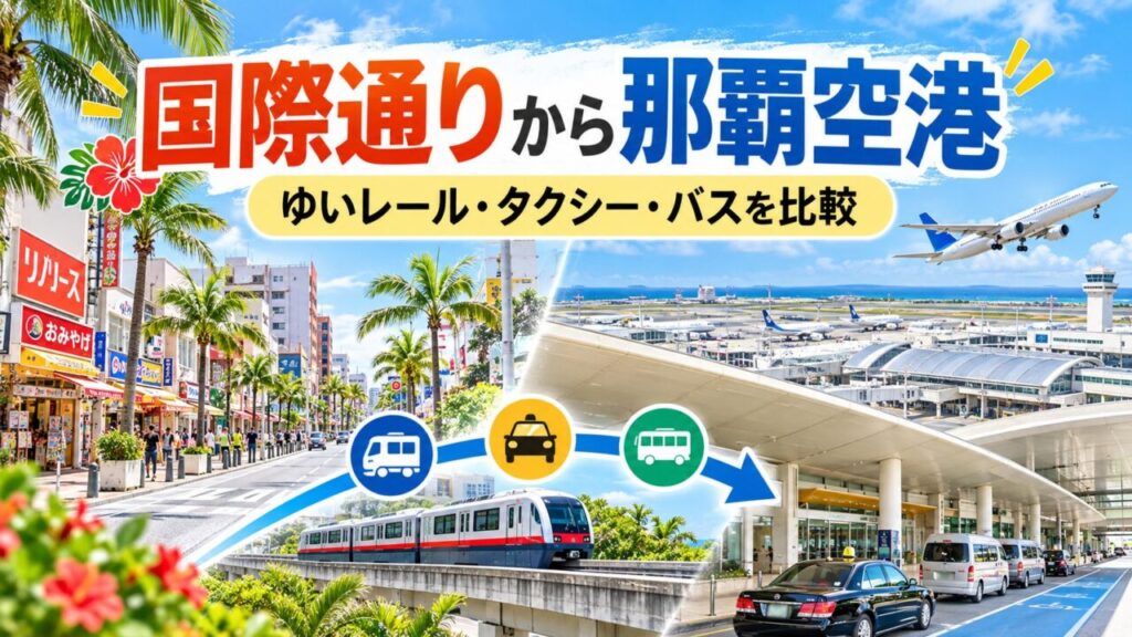 国際通りから那覇空港までの移動方法を、ゆいレール・タクシー・バスで比較した記事のアイキャッチ画像。