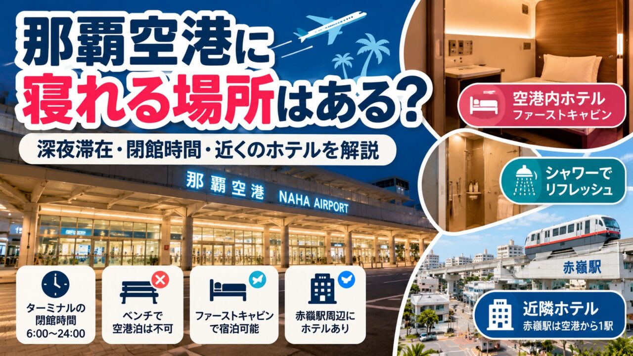 那覇空港で寝れる場所、深夜滞在、閉館時間、ファーストキャビン、赤嶺駅周辺ホテルを解説するアイキャッチ画像。