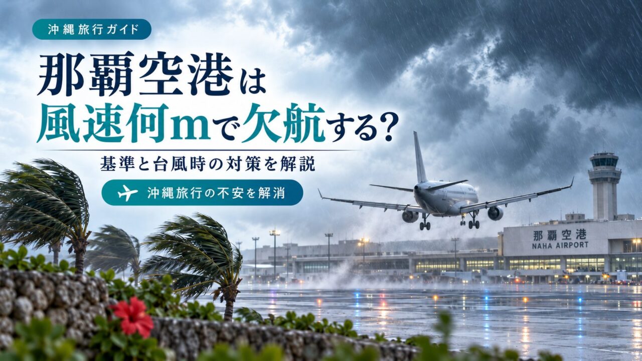 台風の強風と雨の中で那覇空港へ着陸する飛行機と「那覇空港は風速何mで欠航する？」のタイトル画像