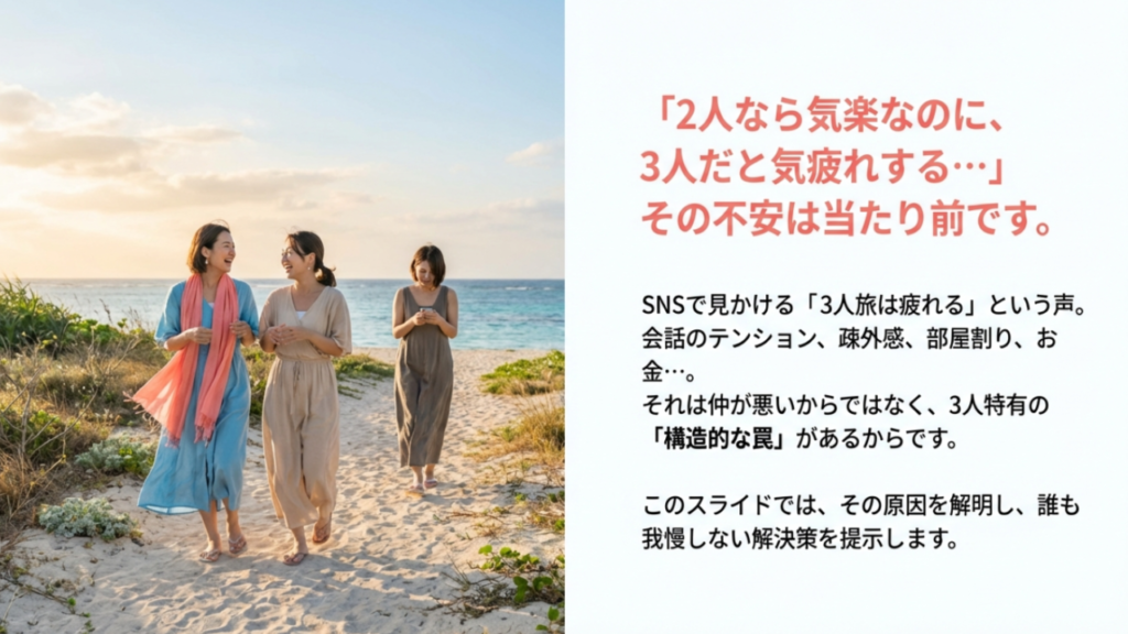 SNSで見かける3人旅は疲れるという声 2人なら気楽なのに3人だと気疲れするという不安