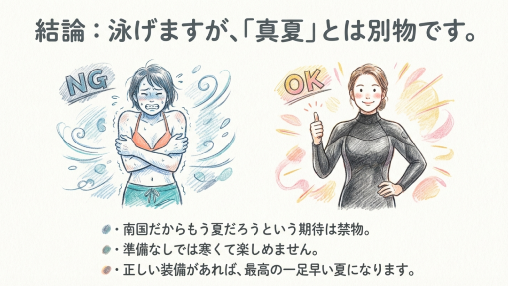 3月の沖縄で泳ぐ際の服装比較：水着だけだと寒くてNG、ウェットスーツ着用なら快適でOK