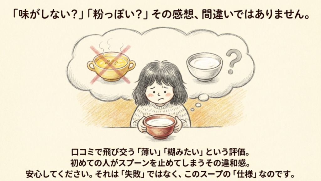 ジャッキーステーキハウスのスープの味に戸惑う女性のイラスト