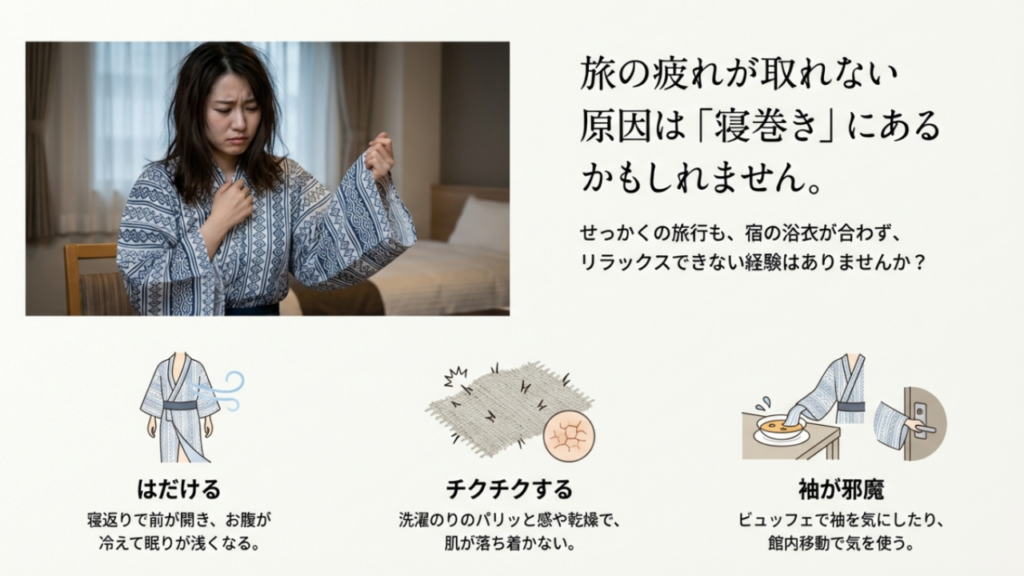 ホテルや旅館の浴衣が合わない理由(はだける・チクチクする・袖が邪魔) ホテルや旅館の浴衣が合わない理由(はだける・チクチクする・袖が邪魔)