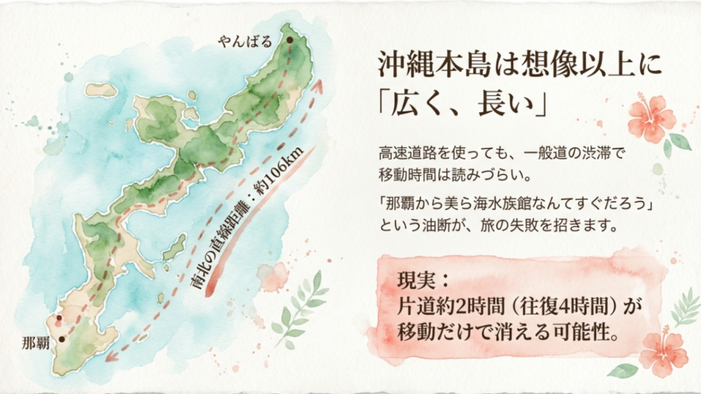 沖縄本島は想像以上に広く長い。那覇から北部への移動は時間が読みづらい。