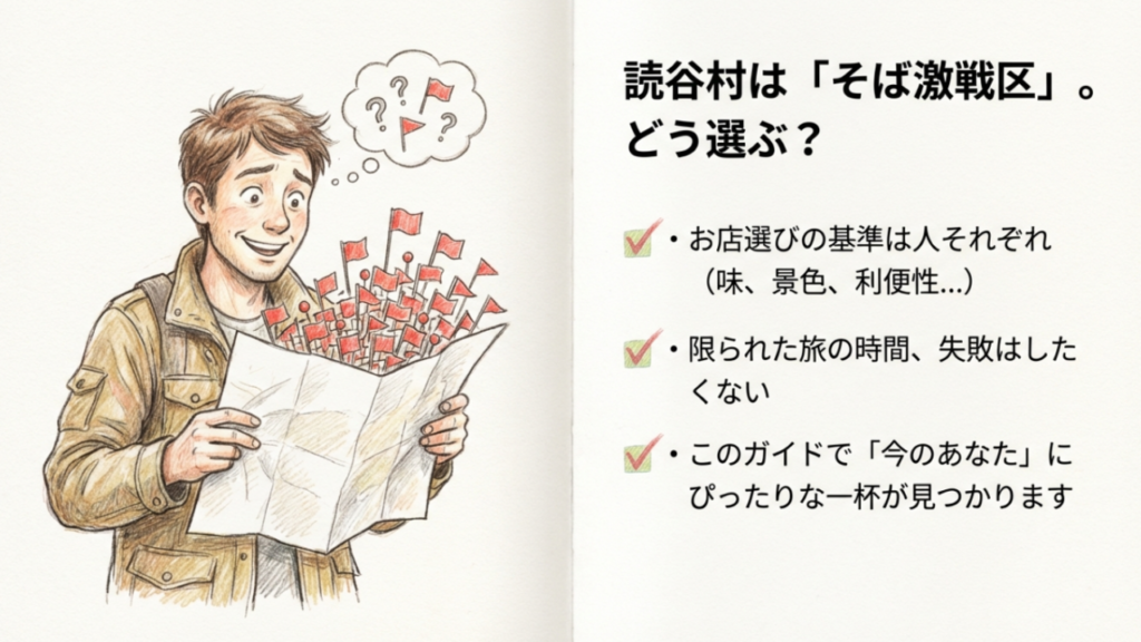 読谷村はそば激戦区!お店選びの基準 たくさんのピンが立った地図を見てソーキそば店選びに悩む旅行者
