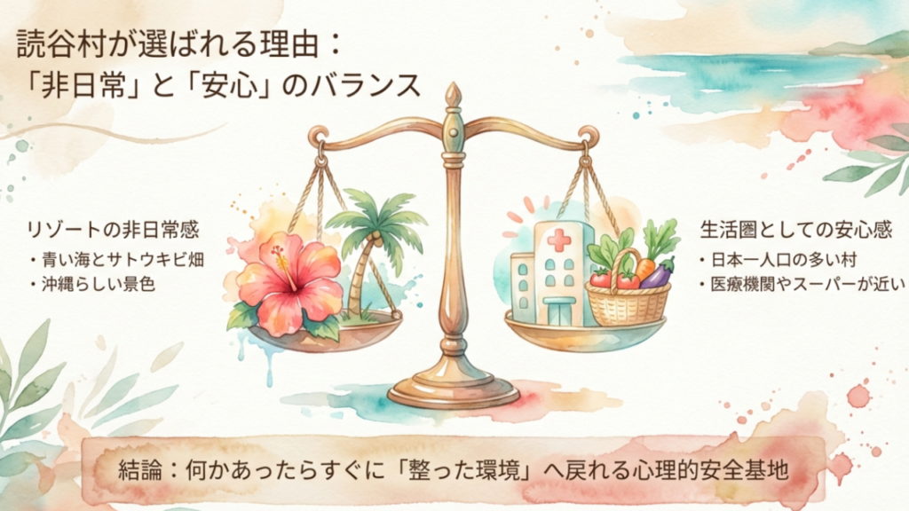 読谷村が選ばれる理由:非日常と安心のバランス 読谷村が子連れに選ばれる理由は非日常と安心のバランス。リゾート感と生活圏の利便性が両立していることを解説するスライド