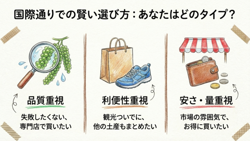 国際通りの海ぶどう店選び3タイプ。品質重視・利便性重視・安さ重視の比較