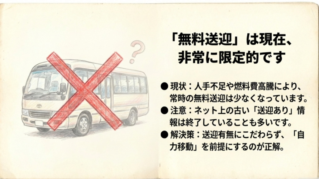 無料送迎は非常に限定的 居酒屋の無料送迎バスが限定的であることを示すイラスト