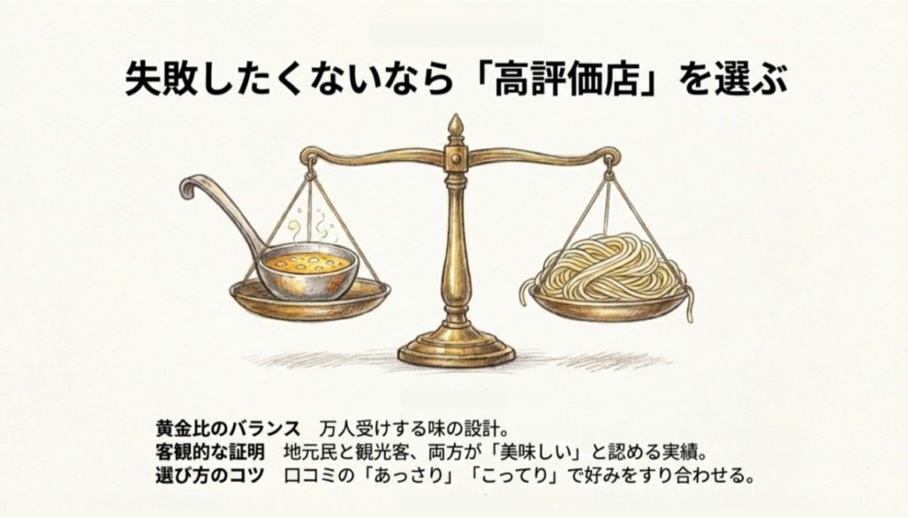 高評価店の黄金比バランス スープと麺の黄金比バランスを表す天秤のイラスト