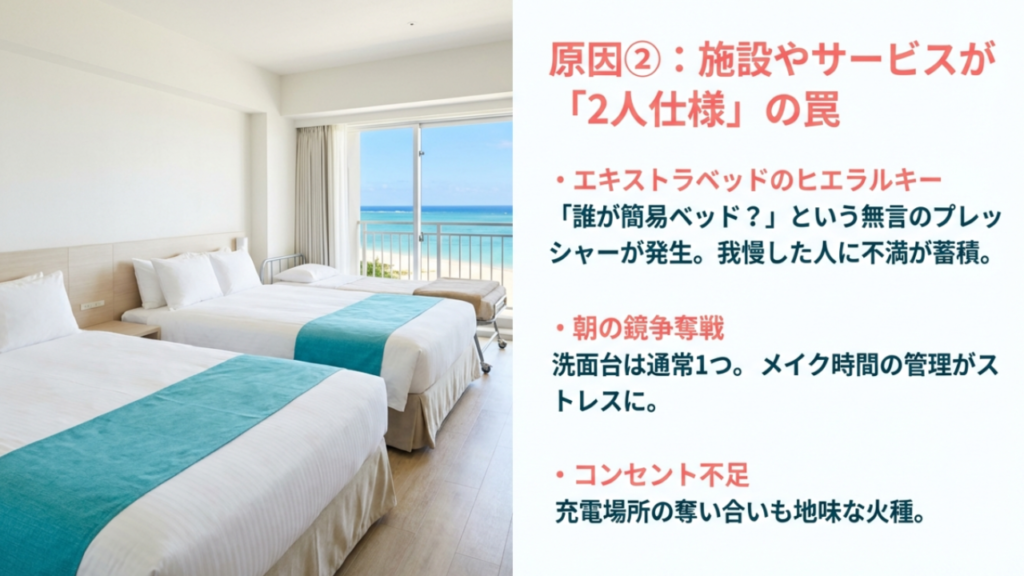 エキストラベッドのヒエラルキーや朝の鏡争奪戦 施設やサービスが2人仕様になっている罠