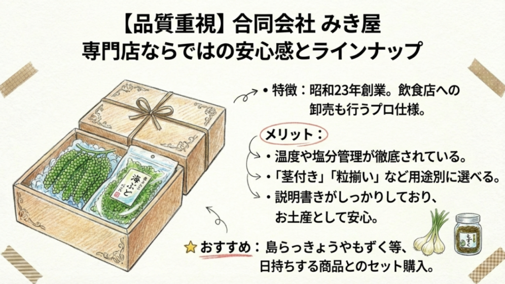 品質重視のみき屋。昭和23年創業の卸売実績と丁寧な説明書きが特徴