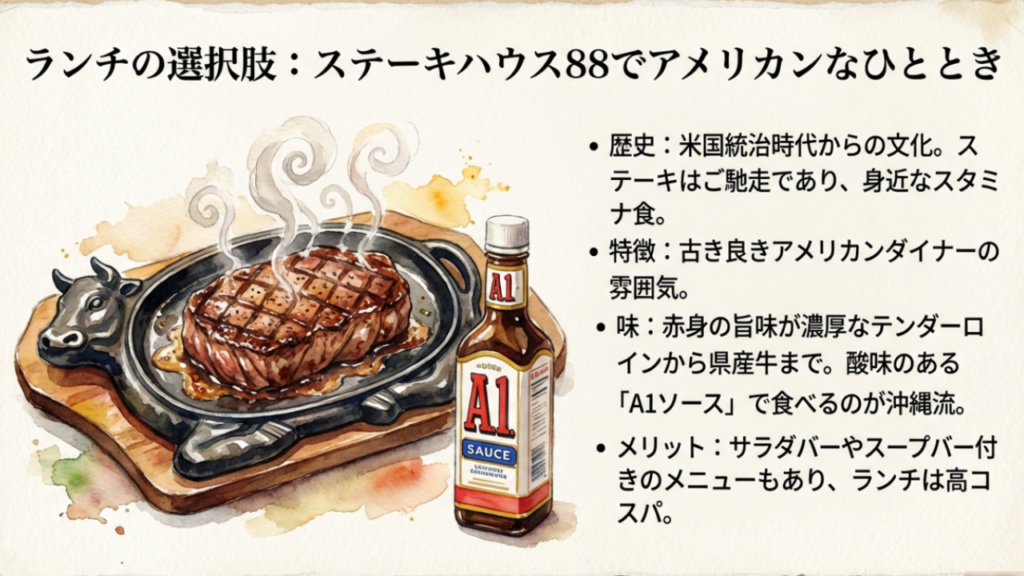 国際通りに何がある?観光もグルメも満喫する完全ガイド 3 ステーキハウス88の特徴:A1ソースで食べる沖縄流アメリカンステーキ