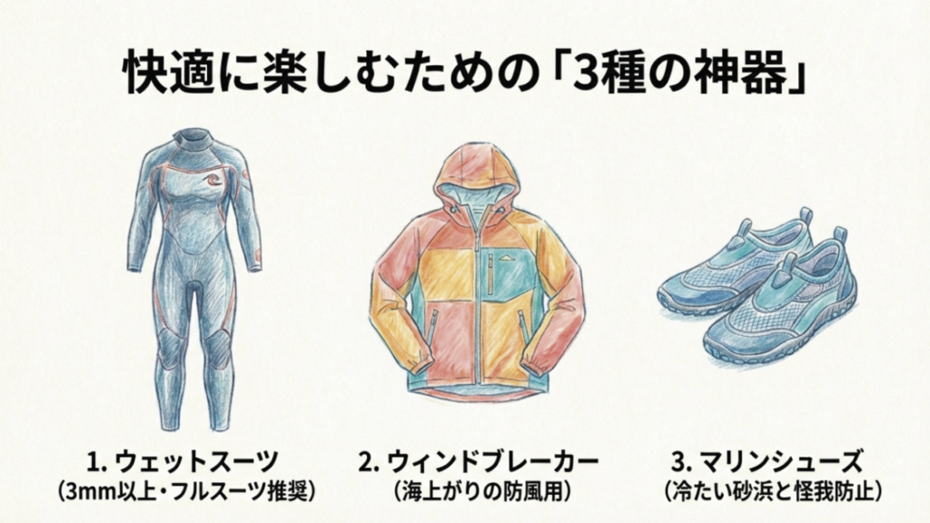 3月の沖縄水泳3種の神器：ウェットスーツ、ウィンドブレーカー、マリンシューズのイラスト