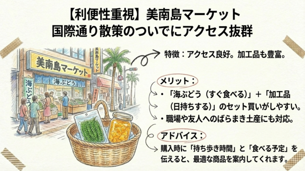 利便性重視の美南島マーケット。国際通り沿いで加工品とのセット買いが便利