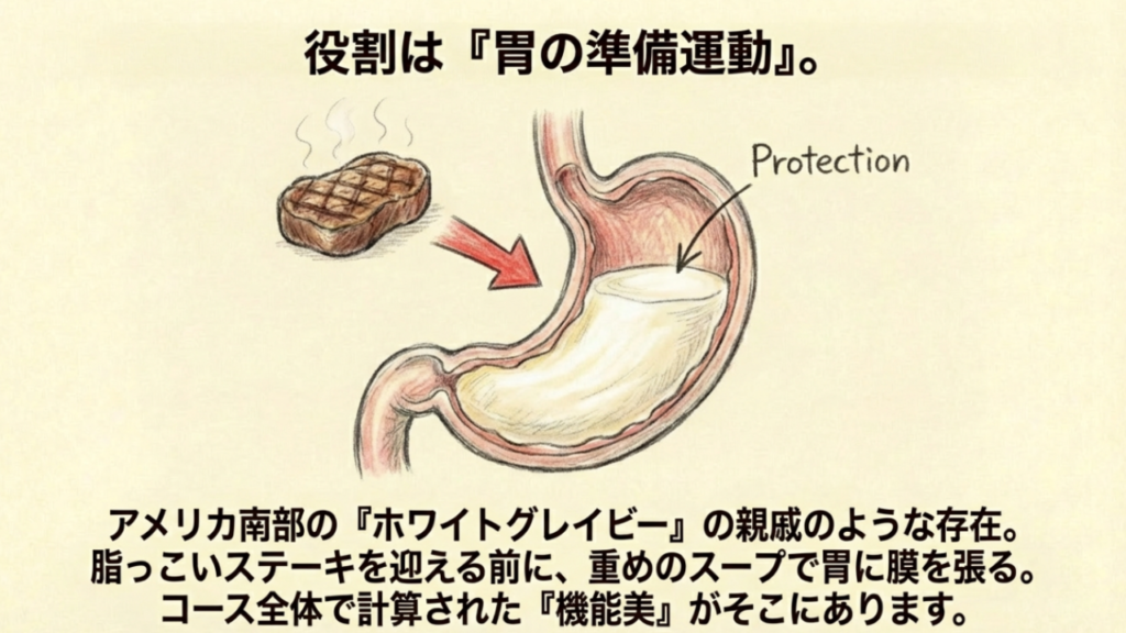 ステーキを食べる前にスープが胃の粘膜を保護するイメージ図