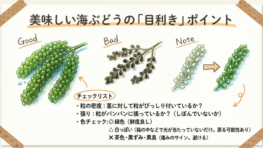 美味しい海ぶどうの目利きポイント。粒の密度、張り、色をチェック