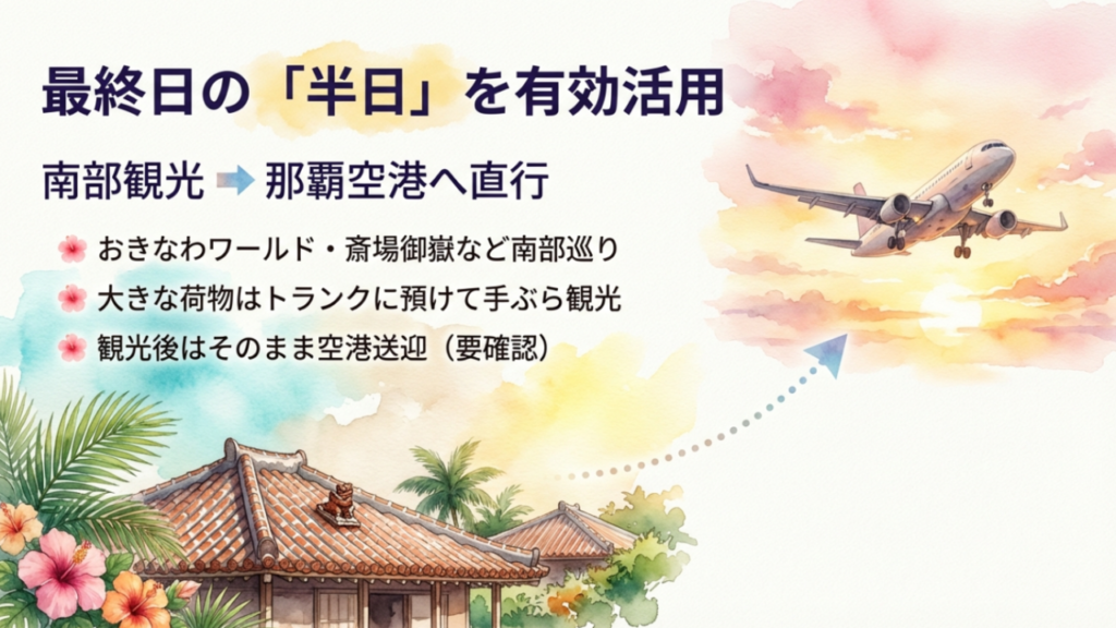 最終日の沖縄南部観光と那覇空港への直行送迎を活用した効率的な旅行プランの図解