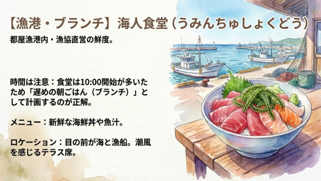 海人食堂の海鮮丼と漁港のロケーション