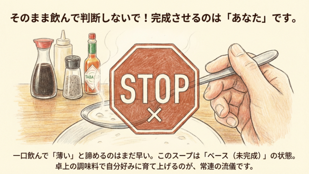 スープをそのまま飲んで判断するのを止めるSTOPサイン