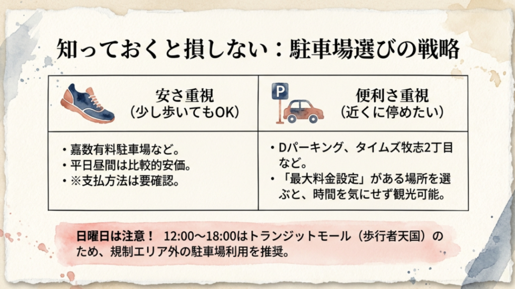 国際通りに何がある?観光もグルメも満喫する完全ガイド 8 国際通り周辺の駐車場選び:安さ重視と便利さ重視の比較表