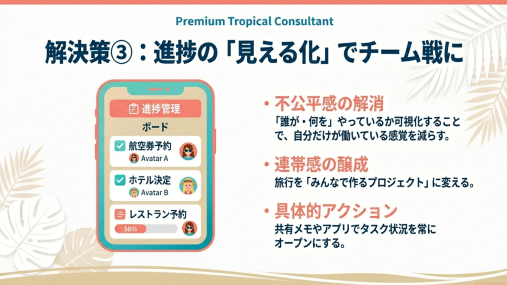 解決策③:進捗の見える化でチーム戦に 解決策③:進捗の見える化でチーム戦に