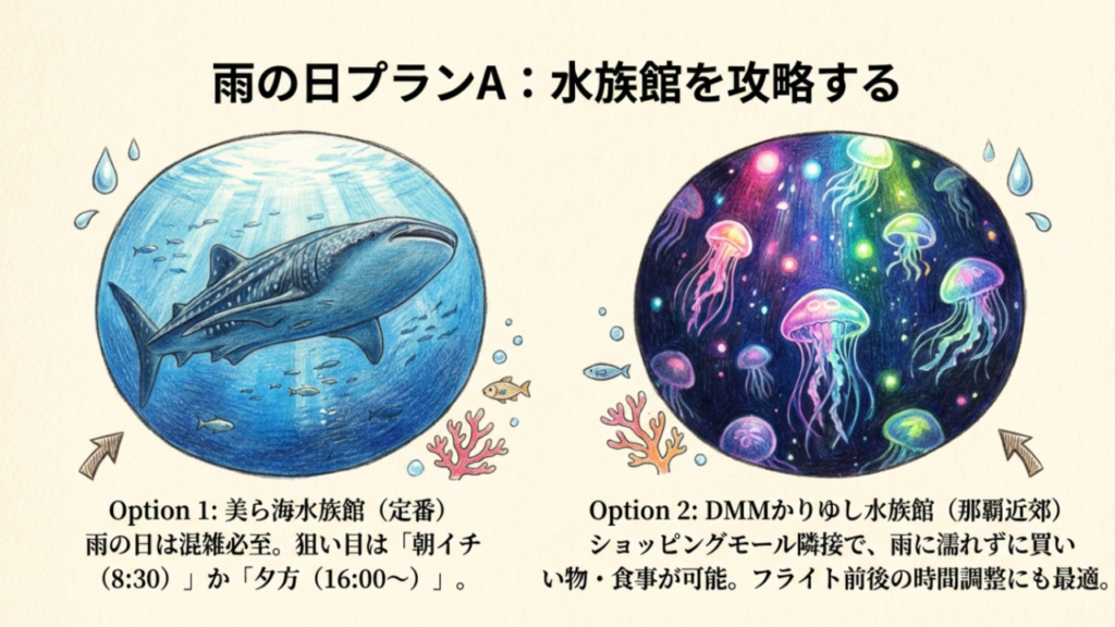 雨の日の美ら海水族館とジンベエザメ