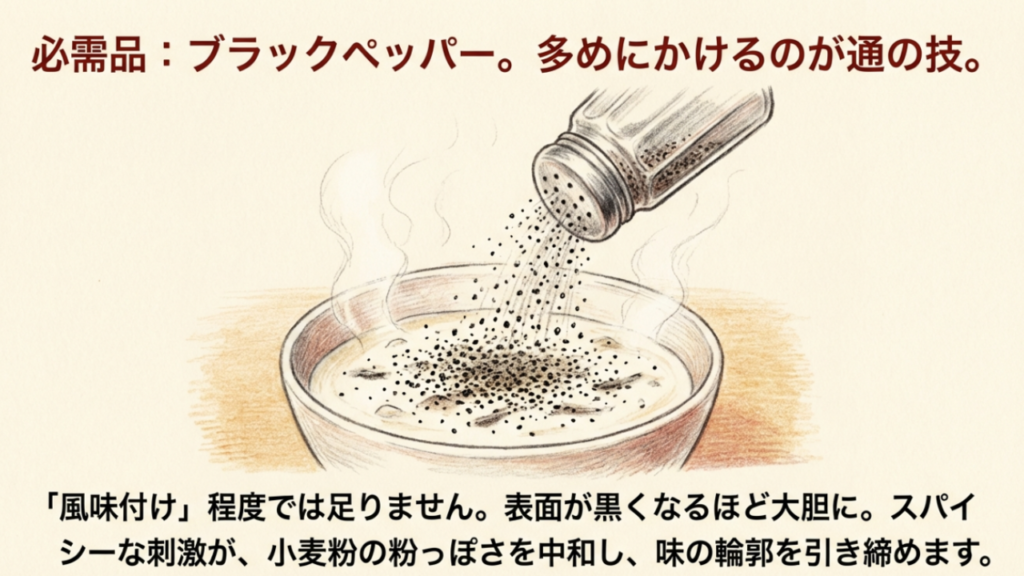 ジャッキーのスープにブラックペッパーを多めにかける様子