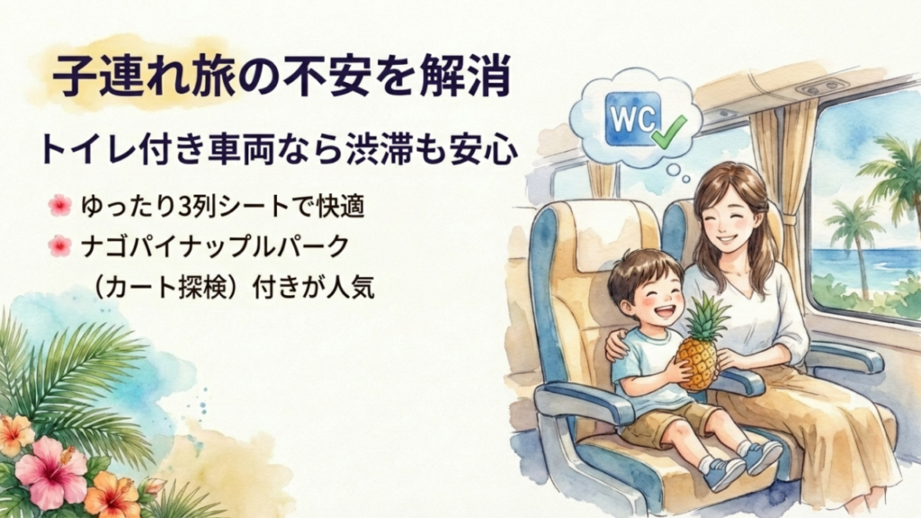 子連れ旅行の不安を解消するトイレ付きバスと3列シート、ナゴパイナップルパークの紹介