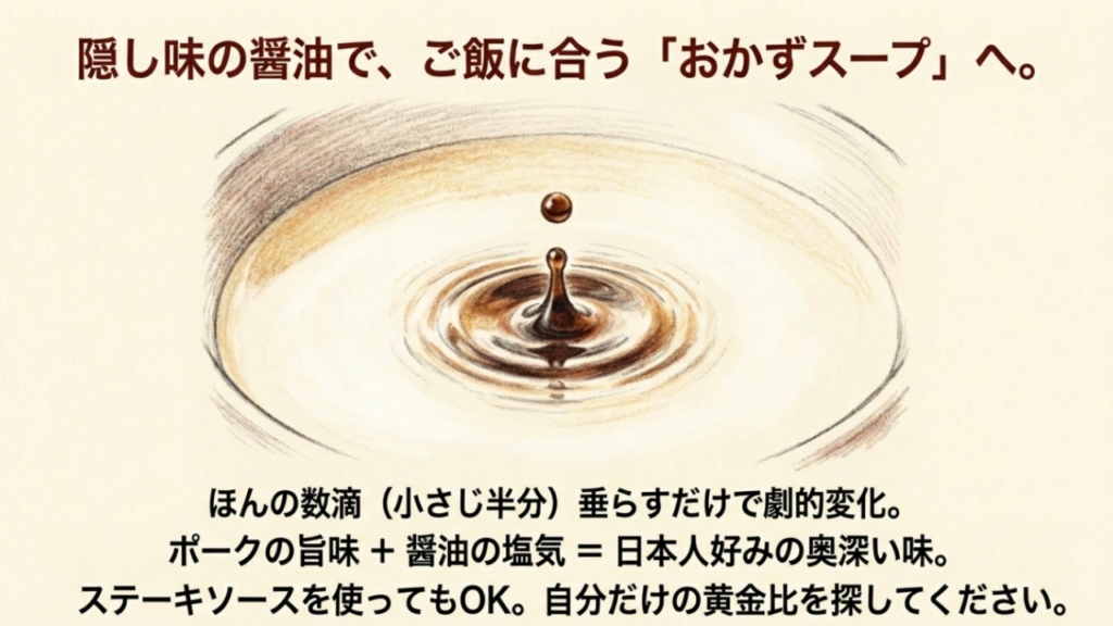 隠し味として醤油を数滴垂らすイラスト