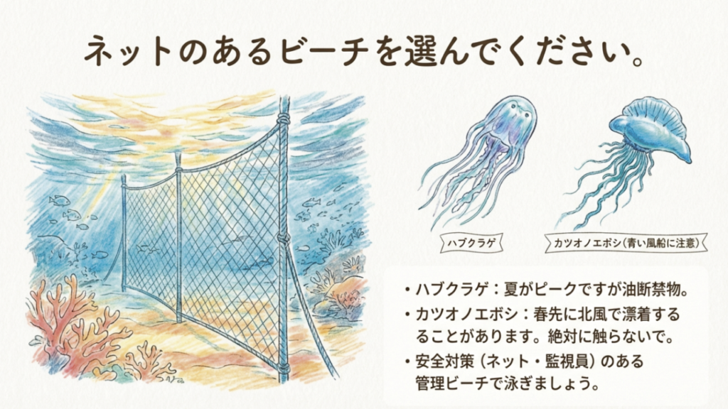 沖縄の危険生物：ハブクラゲとカツオノエボシのイラスト。ネットのあるビーチを選ぶ重要性