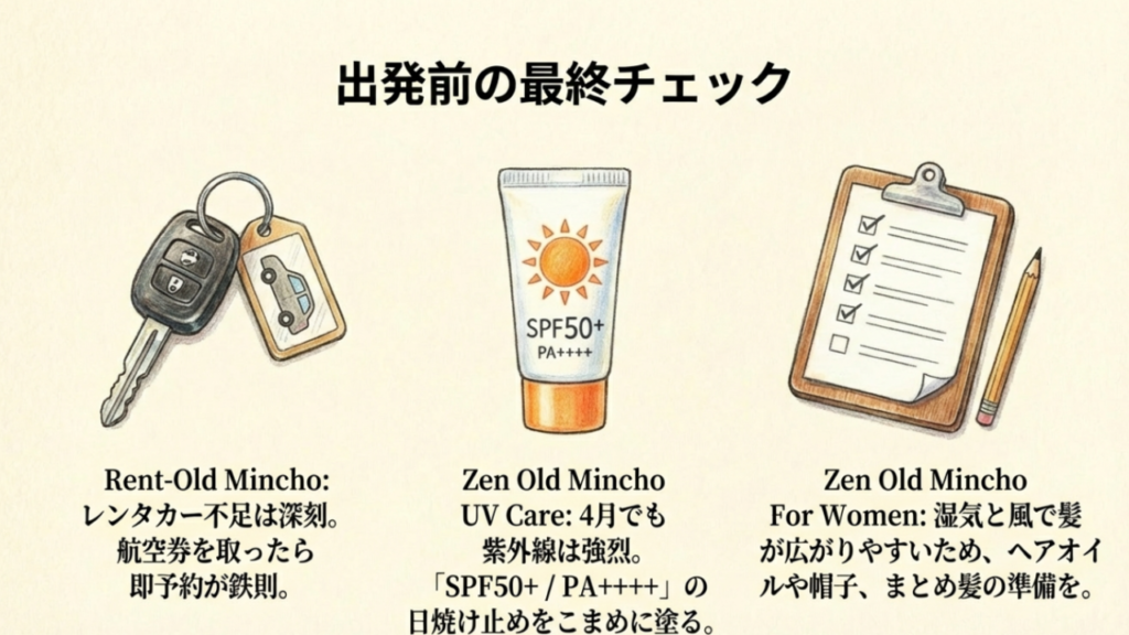 出発前の最終チェックリスト：レンタカー予約と日焼け止め